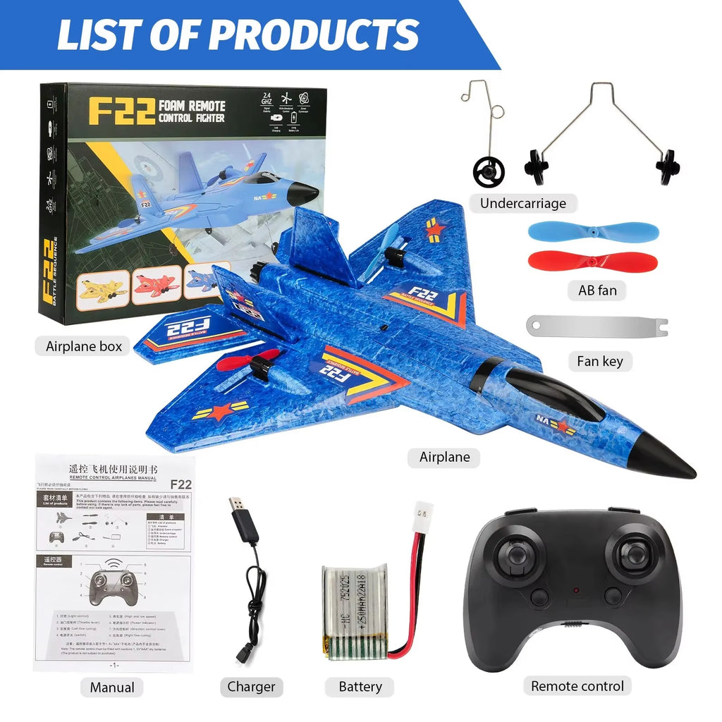 F22 Raptor RC Plane 2.4G 2CH Remote Control Flying Glider with LED Lights EPP Foam Airplane Toys for Children Gifts