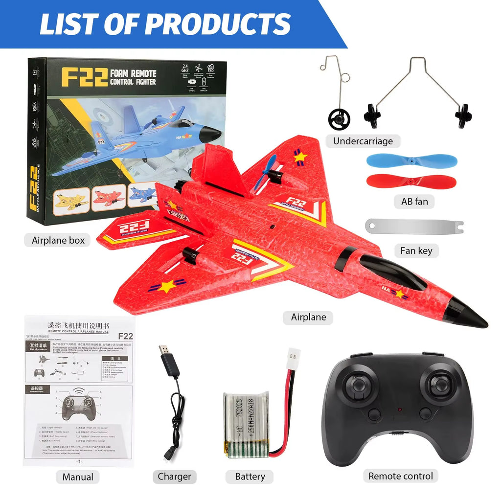 F22 Raptor RC Plane 2.4G 2CH Remote Control Flying Glider with LED Lights EPP Foam Airplane Toys for Children Gifts